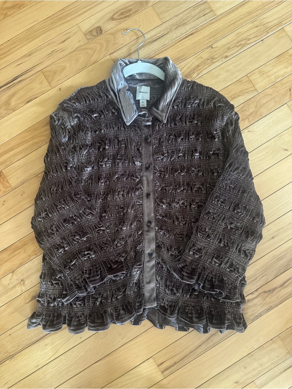 Maeve Textured Brown Velvet Button-Front Shirt - Picture 3 of 10